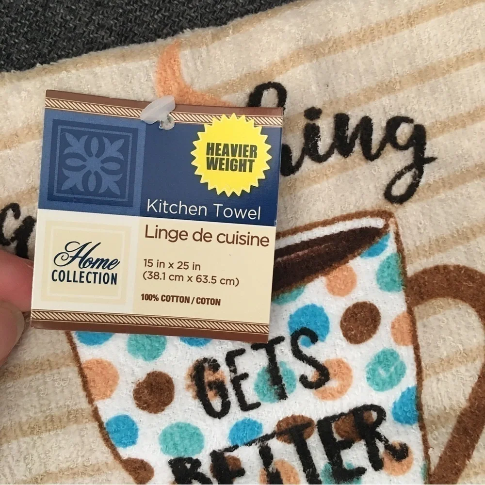 “Everything Gets Better with Coffee” Kitchen Dish Towel, Tan, Blue